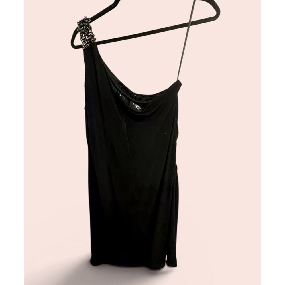 Black One Shoulder Beaded Mini Dress Sleeveless US 14 Polyester Blend - Picture 2 of 5